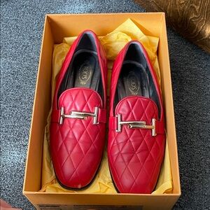 Tod's Quilted Red Loafers with Metallic Accent